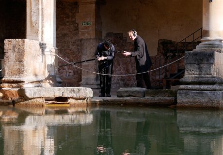 Image: People recording sound beside the Great Bath
