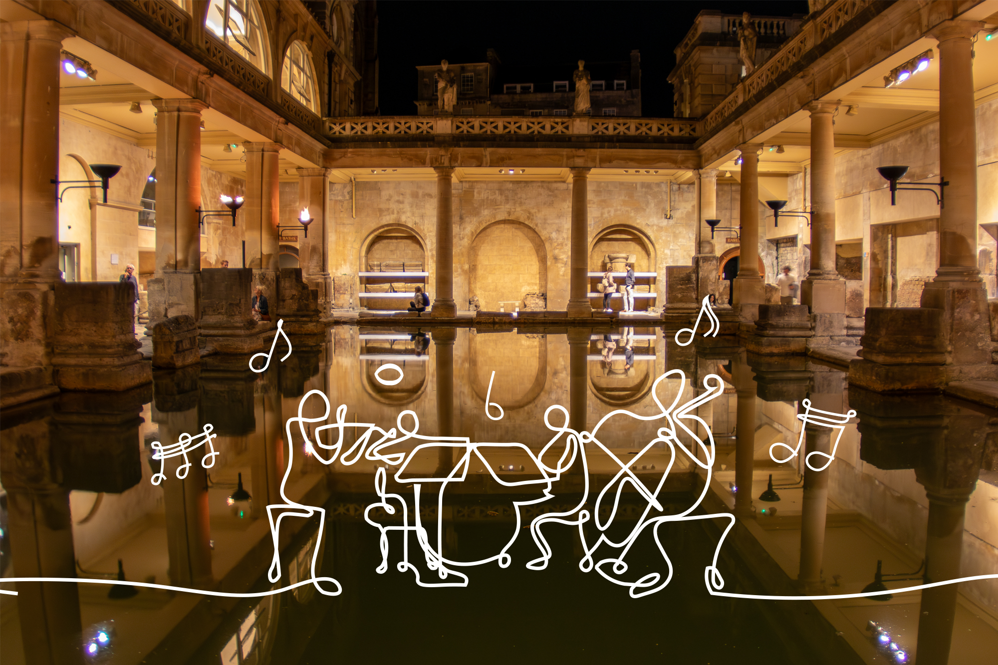 Image: Roman Baths lit up by torches at night with a digital white continuous line drawing of a string quartet at the bottom