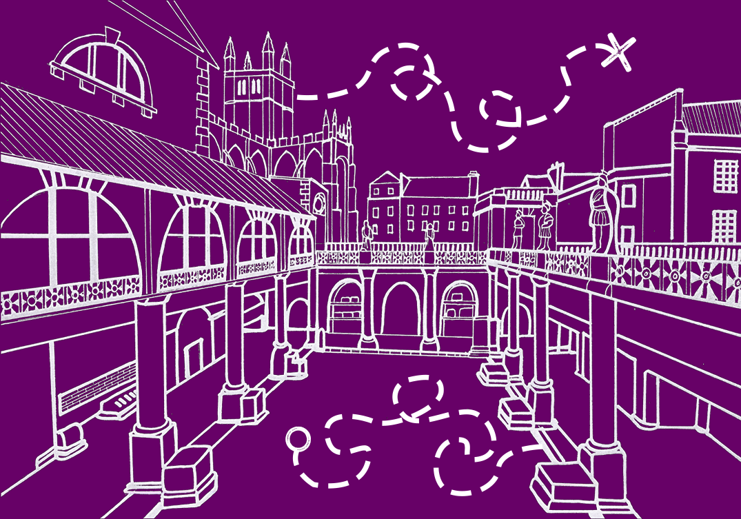 An illustrated image of the Roman Baths with a purple background and white lines