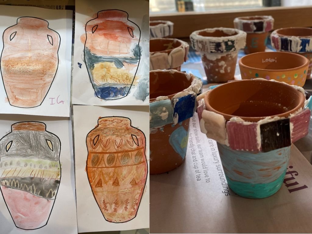 Images of pots drawn and decorated by young carers