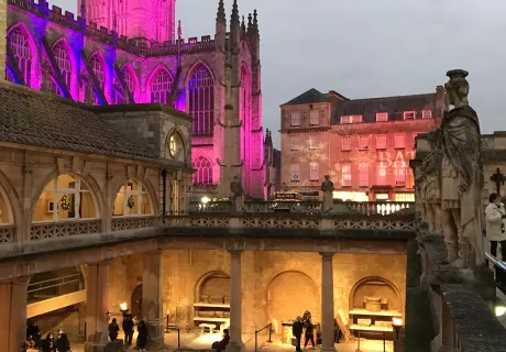 Image: The Roman Baths lit up in the evening